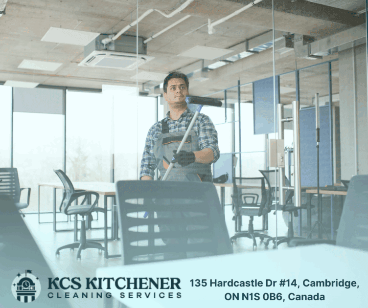 Castio Cleaning Services staff cleaning a modern office in Cambridge, Ontario, maintaining hygiene in high-traffic areas.