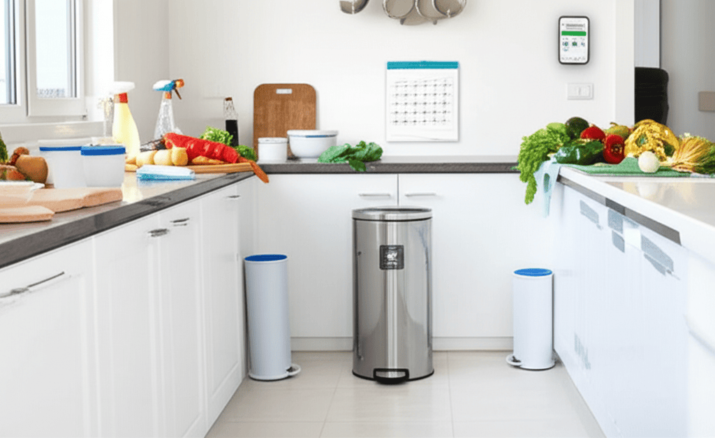 Clean modern kitchen with stainless steel trash can and fresh vegetables on countertops.