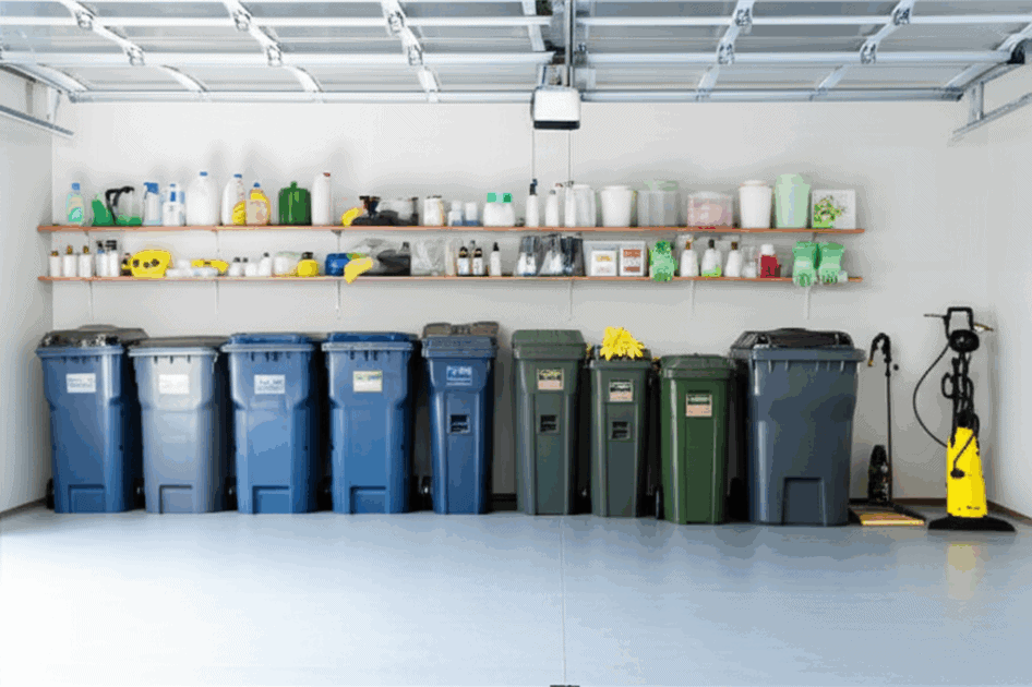 Organized garage with color-coded garbage bins and cleaning supplies for waste management