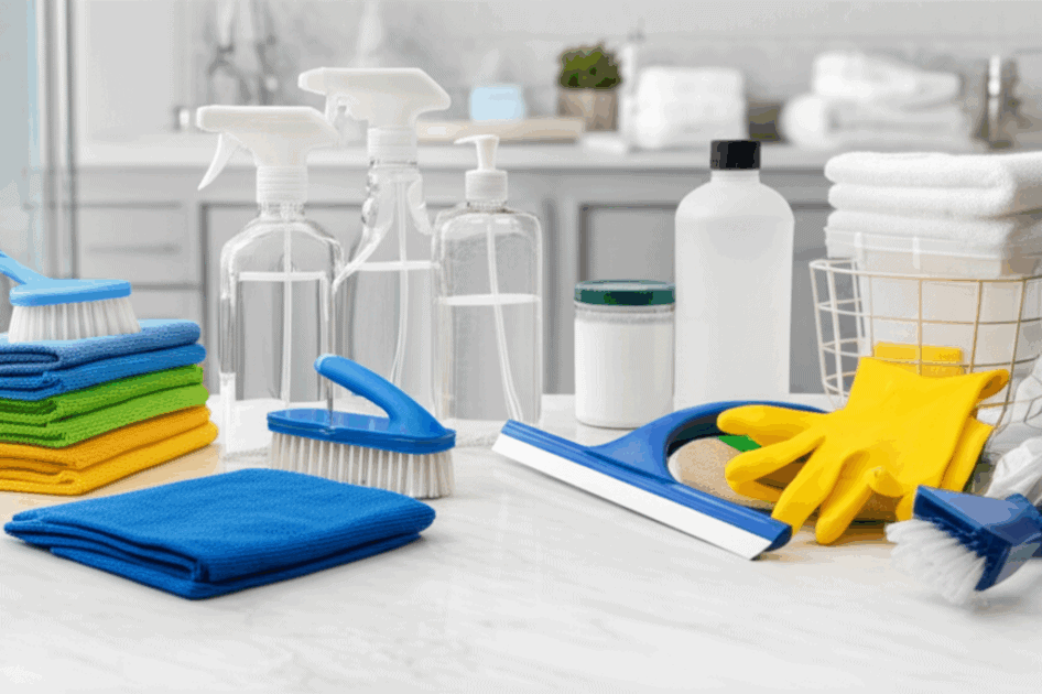 Bathroom cleaning kit with microfiber cloths, brushes, spray bottles, squeegee, and rubber gloves