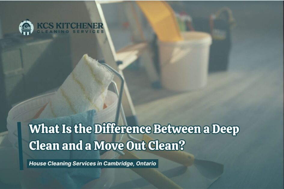 Cleaning supplies in bucket with roller and cloth on hardwood floor before deep or move-out clean
