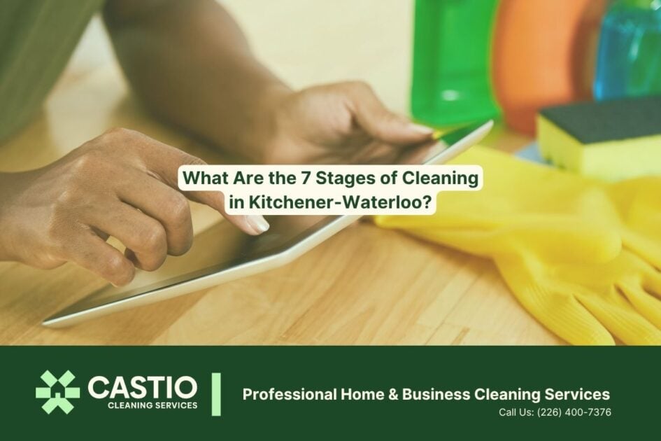 Person using a tablet to learn about cleaning stages in Kitchener-Waterloo.